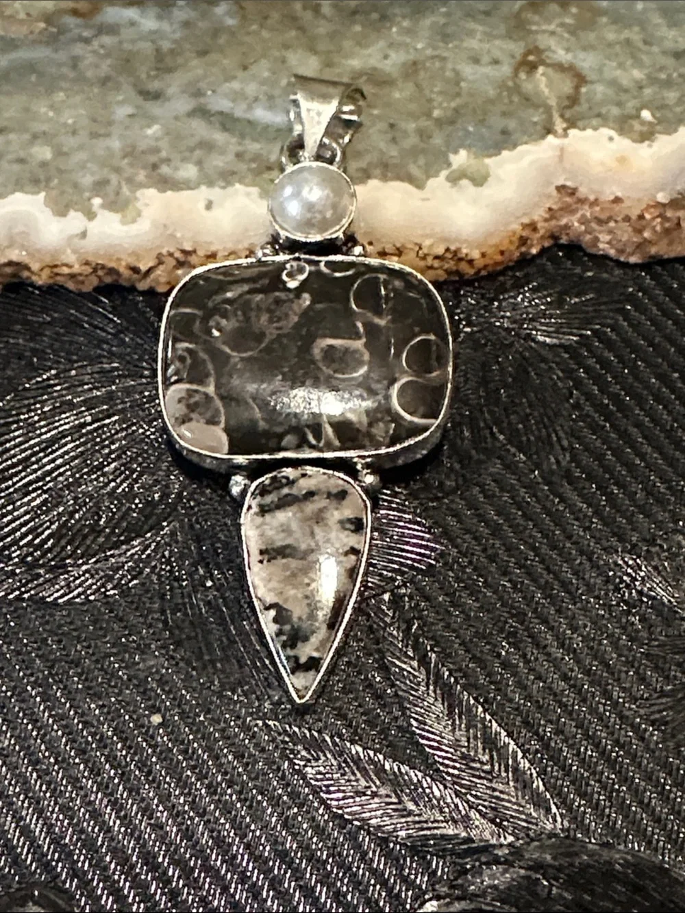 Artisan Black and White Jasper Pendant with Pearl Accent